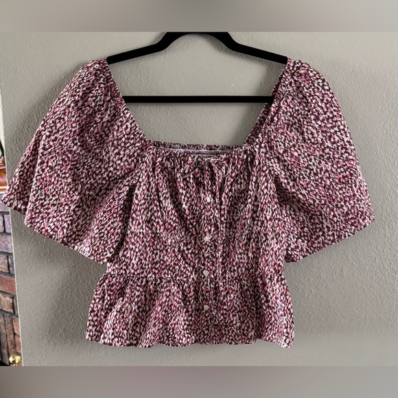 Universal Thread Tops - Universal Thread Peasant Blouse Puff Sleeves, Smocked Waist Button Pink Sz Small